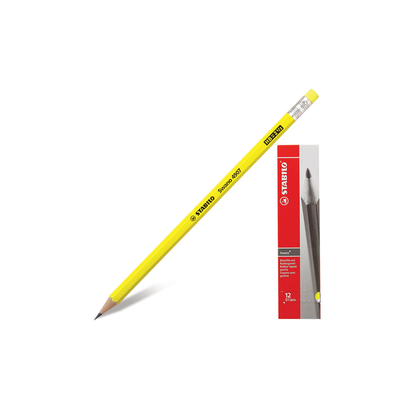 Карандаш чернографитный Stabilo 1 шт., "Swano", HB, корпус неоновый желтый, с ластиком, заточенный, 4907/050HB