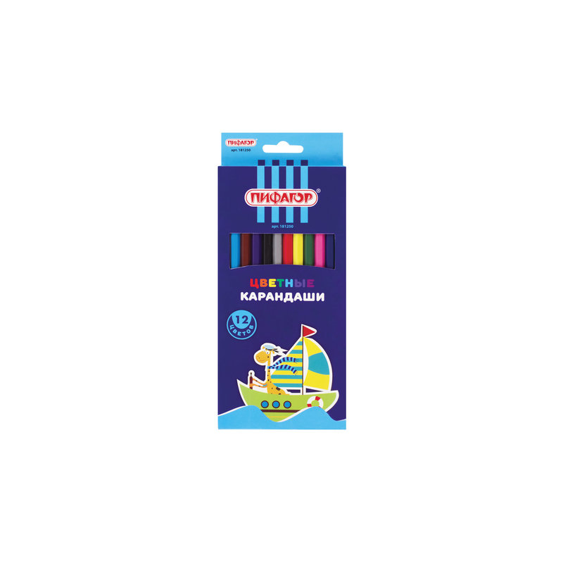 Карандаши цветные ПИФАГОР "Жираф", 12 цветов, пластиковые, классические заточенные, 181250