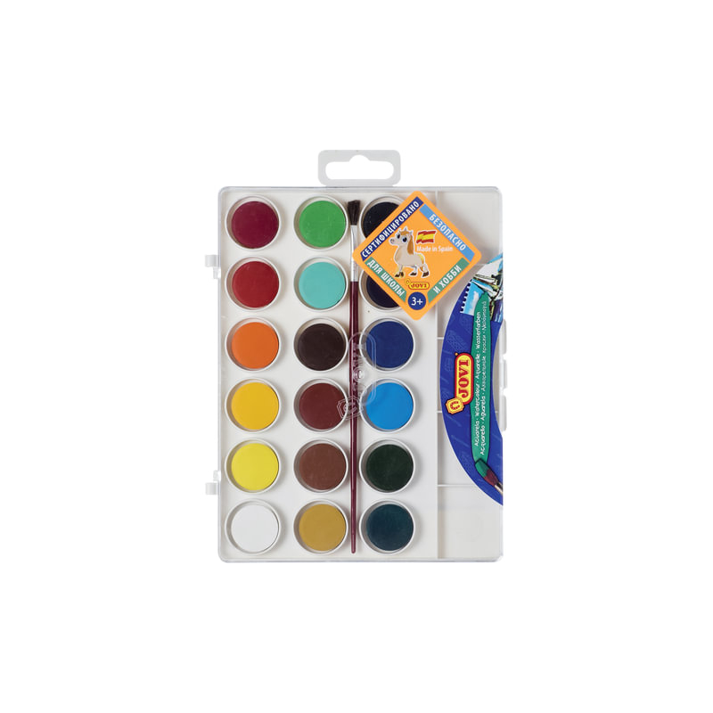 Краски акварельные JOVI 18 цветов, с кистью, пластиковая коробка, европодвес, 800/18