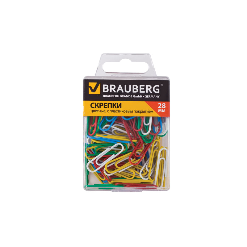 Скрепки BRAUBERG 28 мм, цветные, 100 шт., в пластиковой коробке, 221111