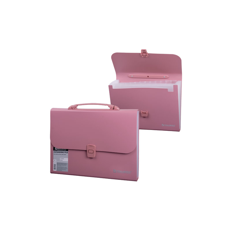 Портфель пластиковый BRAUBERG А4, 327х254х30 мм, стандартная фактура, 13 отделений, пластиковый индекс, розовый, 221441