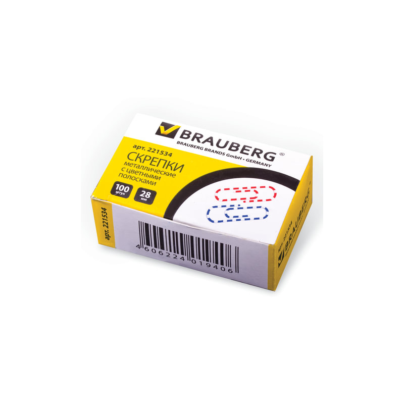Скрепки BRAUBERG 28 мм с цветными полосками, 100 шт., в картонной коробке, 221534