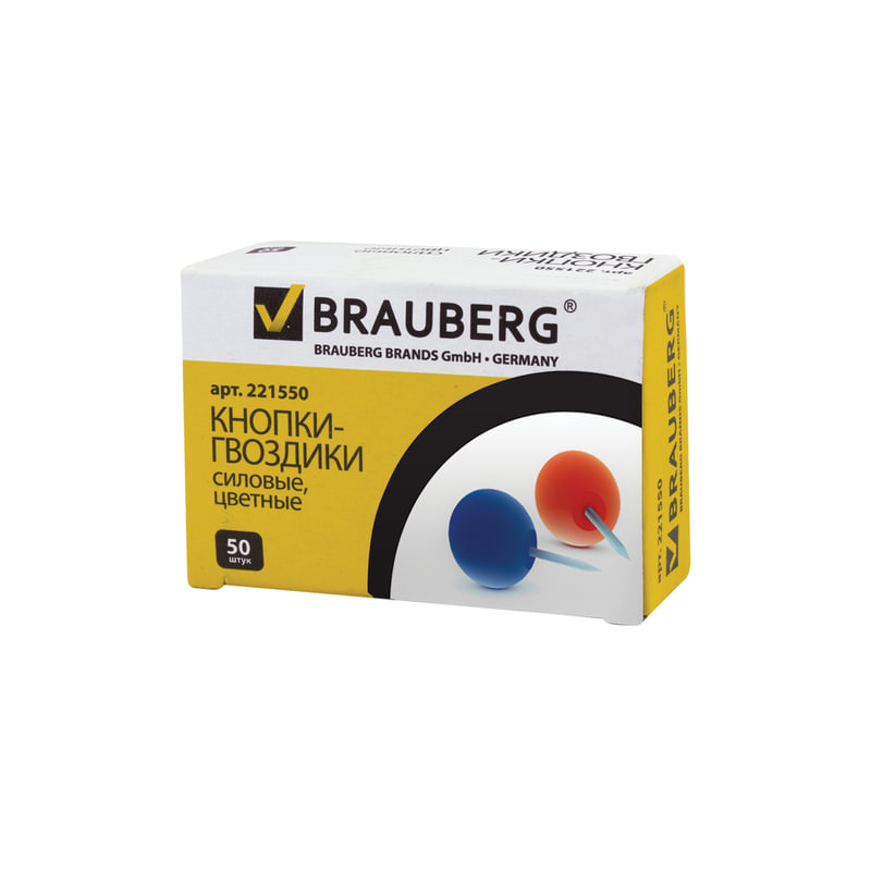 Силовые кнопки-гвоздики BRAUBERG цветные (шарики), 50 шт., в картонной коробке, 221550