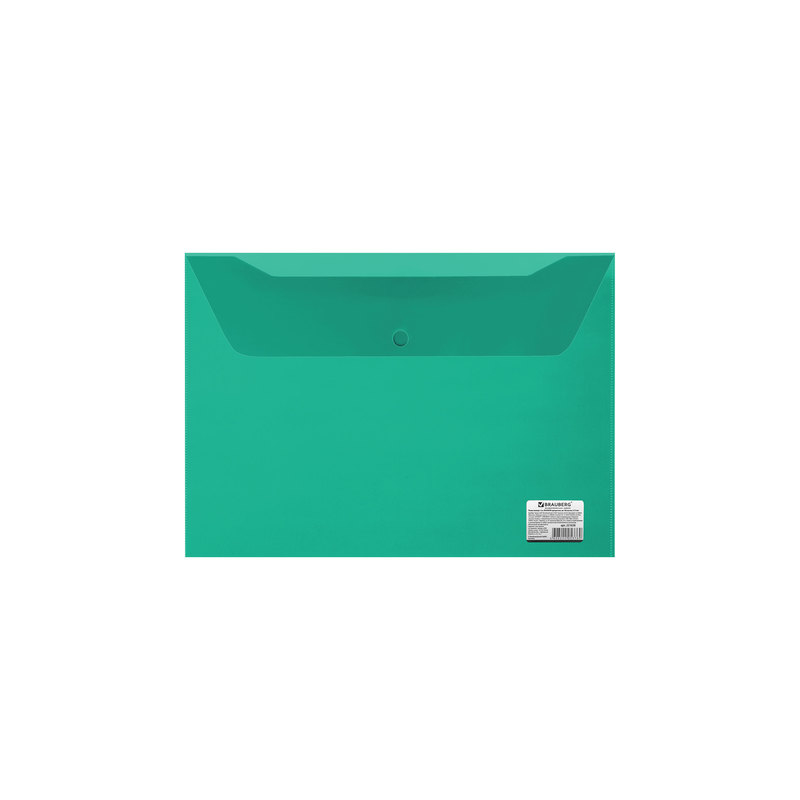 Папка-конверт с кнопкой BRAUBERG А4, 150 мкм, до 100 листов, прозрачная, зеленая, 221635