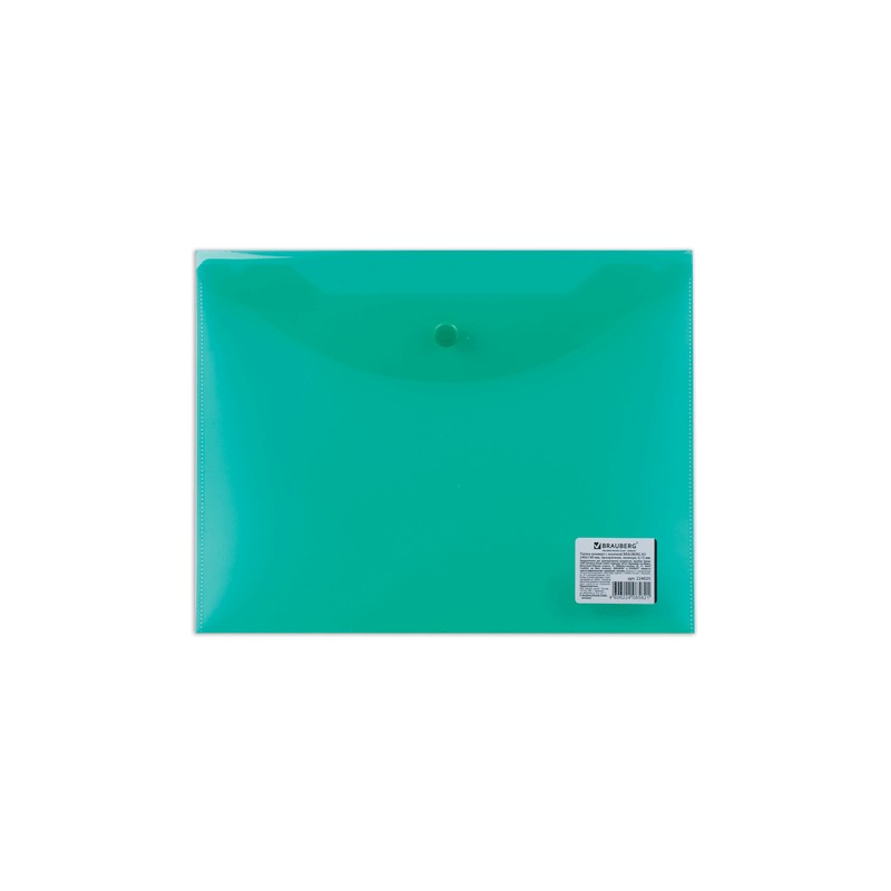 Папка-конверт с кнопкой BRAUBERG А5, 240х190 мм, 150 мкм, прозрачная, зеленая, 224025