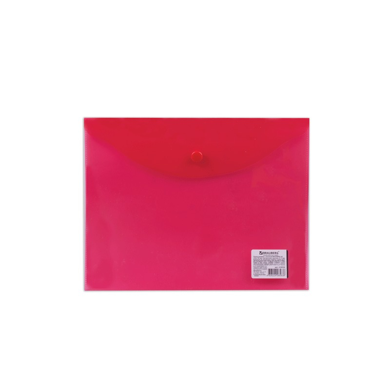 Папка-конверт с кнопкой BRAUBERG А5, 240х190 мм, 150 мкм, прозрачная, красная, 224026