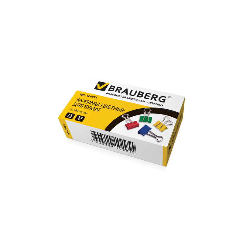 Зажимы для бумаг BRAUBERG комплект 12 шт., 25 мм, на 100 л., цветные, в картонной коробке, 224471