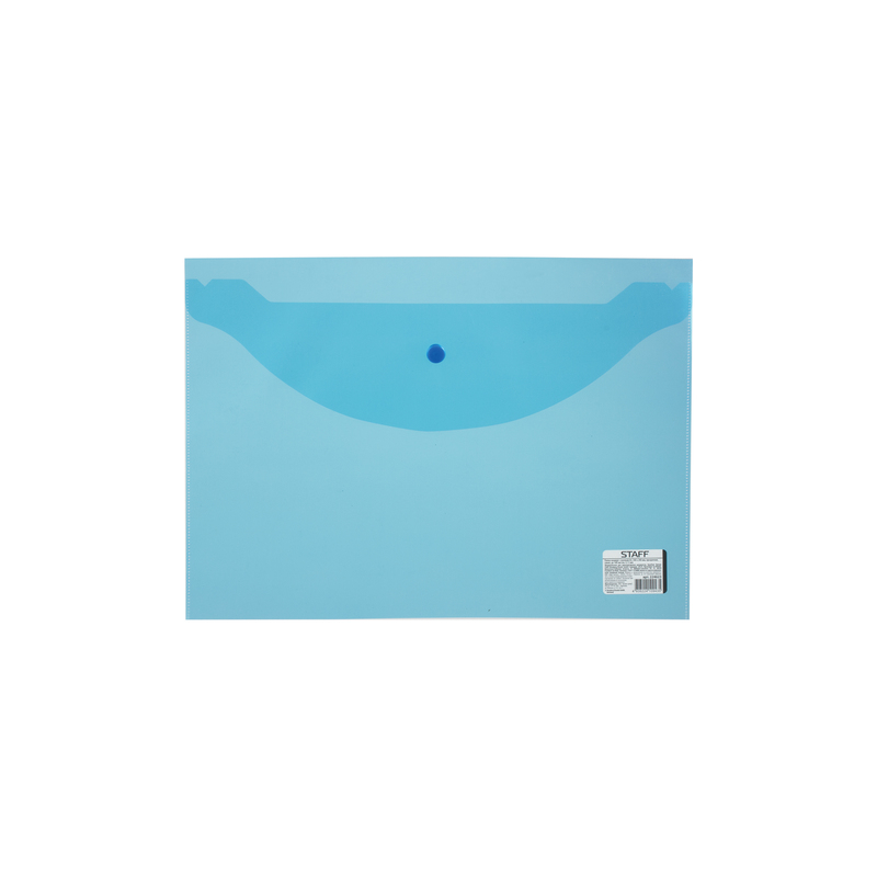 Папка-конверт с кнопкой STAFF А4, 340х240 мм, 120 мкм, до 100 листов, прозрачная, синяя, 224623