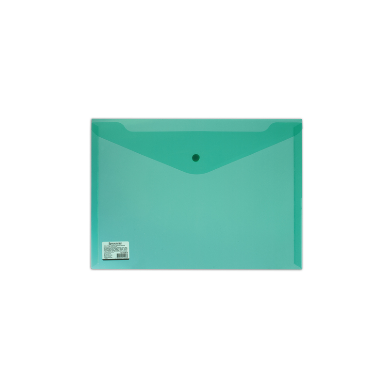 Папка-конверт с кнопкой BRAUBERG А4, плотная, 180 мкм, до 100 листов, прозрачная, зеленая, 224810