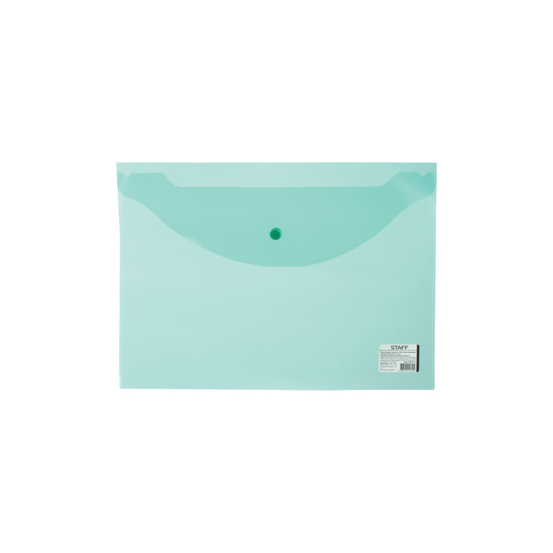Папка-конверт с кнопкой STAFF А4, 340х240 мм, 120 мкм, до 100 листов, прозрачная, зеленая, 225171