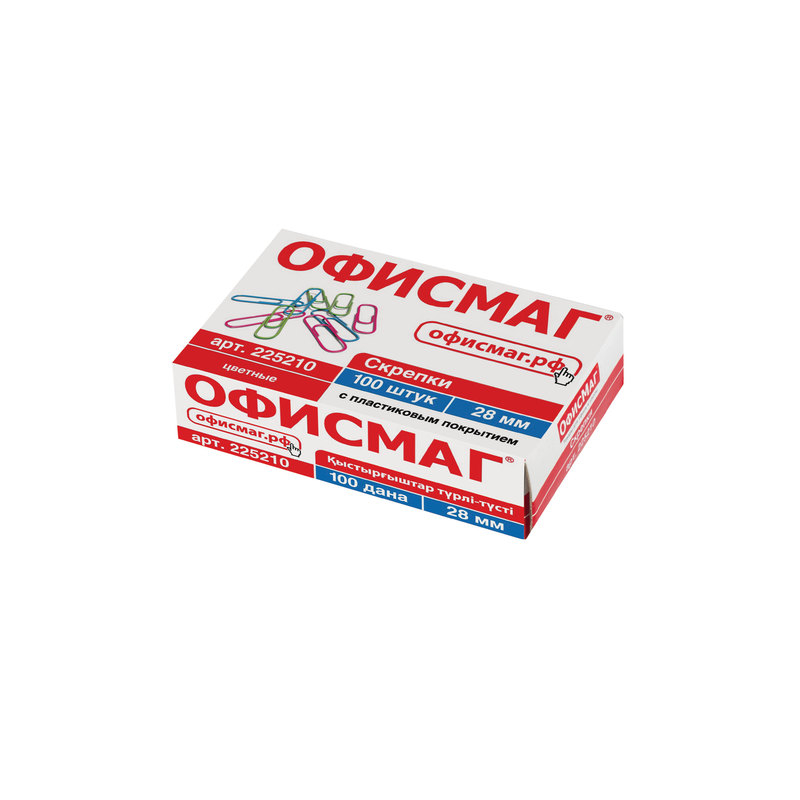 Скрепки ОФИСМАГ 28 мм, цветные, 100 шт., в картонной коробке, 225210