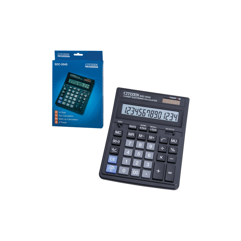 Калькулятор Citizen настольный SDC-554S, 14 разрядов, двойное питание, 199x153 мм