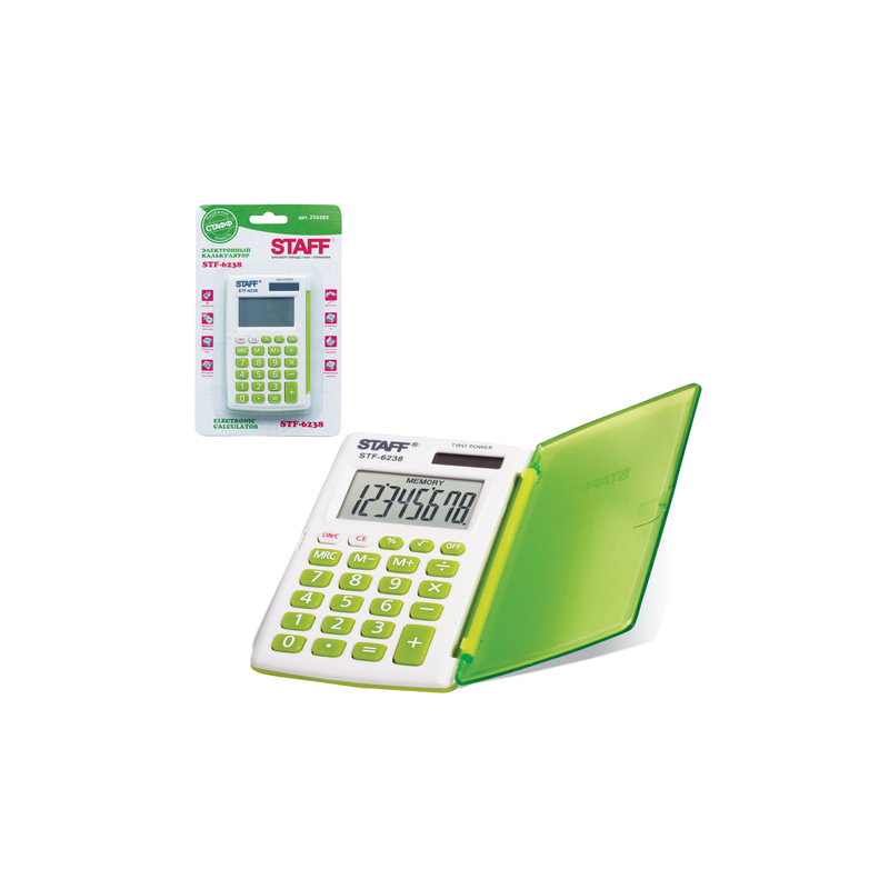 Калькулятор STAFF карманный STF-6238, белый, с зелёными кнопками, 8 разрядов, двойное питание, 104х63 мм, блистер