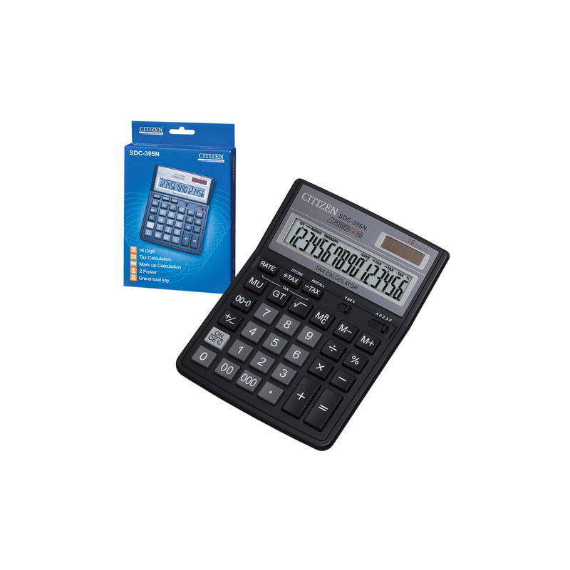 Калькулятор Citizen настольный SDC-395N, 16 разрядов, двойное питание, 192х143 мм