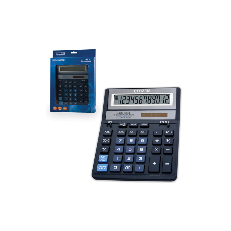 Калькулятор Citizen настольный SDC-888XBL, 12 разрядов, двойное питание, 203х158 мм, синий