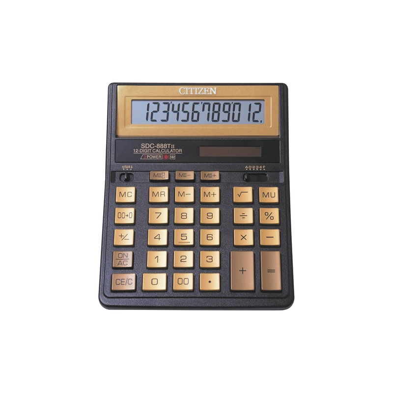 Калькулятор Citizen настольный, SDC-888TIIGE Gold, 12 разрядов, двойное питание, 203х158 мм, золотой