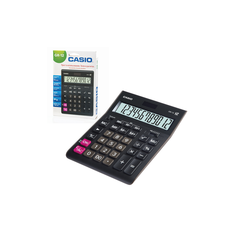 Калькулятор CASIO настольный GR-12-W, 12 разрядов, двойное питание, 209х155 мм, европодвес, черный, GR-12-W-EP