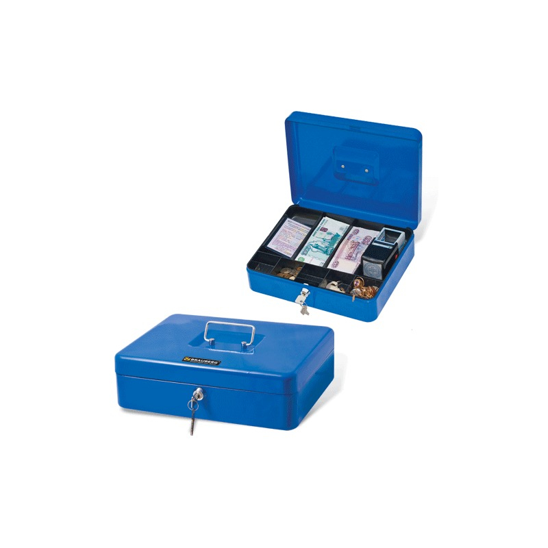 Ящик для денег, ценностей, документов, печатей BRAUBERG 90х240х300 мм, с ключевым замком, синий, 290336