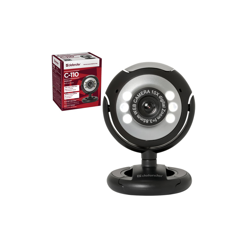 Веб-камера Defender C-110, 0,3 Мп, микрофон, USB 2.0/1.1+3.5 мм jack, подсветка, регулируемое крепление, черная, 63110