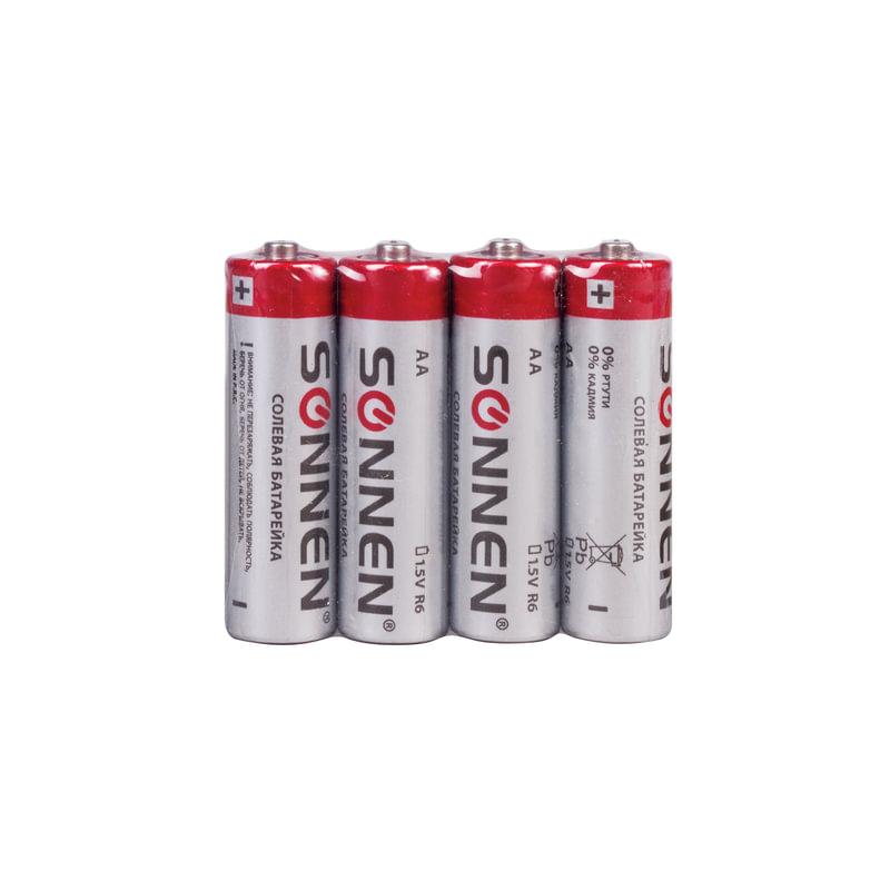 Батарейки SONNEN AA (R6), комплект 4 шт., солевые, в спайке, 1,5 В, 451097