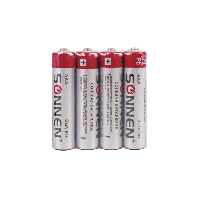 Батарейки SONNEN AAA (R03), комплект 4 шт., солевые, в спайке, 1,5 В, 451098