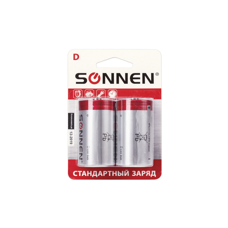 Батарейки SONNEN D (R20), комплект 2 шт., солевые, в блистере, 1,5 В, 451100