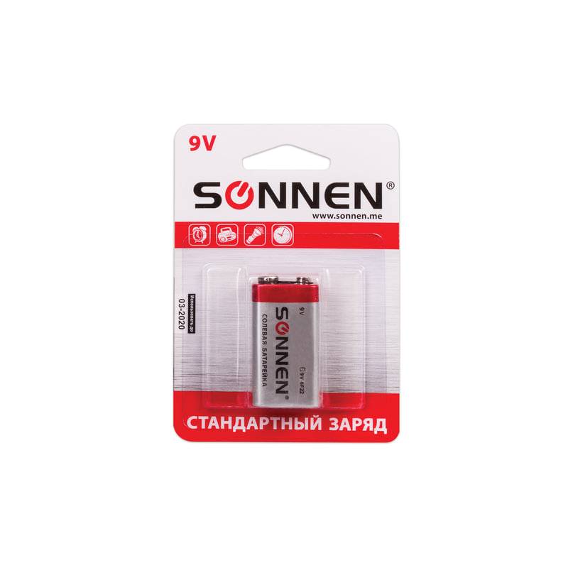 Батарейка SONNEN 6F22 (тип КРОНА), 1 шт., солевая, в блистере, 9 В, 451101