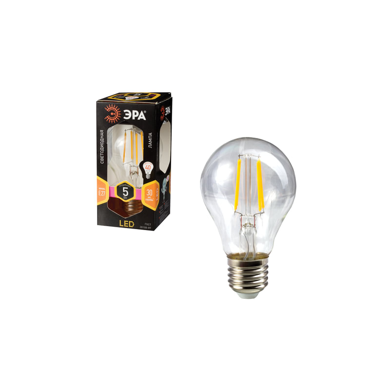 Лампа светодиодная ЭРА 5 (40) Вт, цоколь E27, грушевидная, теплый белый свет, 30000 ч., F-LED А60-5w-827-E27