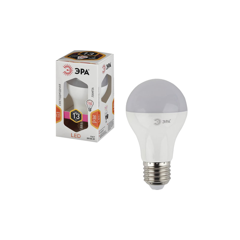 Лампа светодиодная ЭРА 13 (110) Вт, цоколь E27, грушевидная, теплый белый, свет, 30000 ч., LED smdA65A60-13W-827-E27, A65-13W-827-E27
