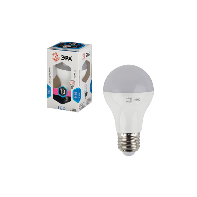 Лампа светодиодная ЭРА 13 (110) Вт, цоколь E27, грушевидная, холодный белый свет, 30000 ч., LED smdA65-13W-840-E27