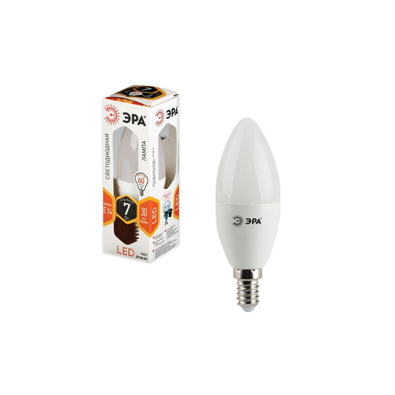 Лампа светодиодная ЭРА 7 (60) Вт, цоколь E14, "свеча", теплый белый свет, 30000 ч., LED smdB35-7w-827-E14