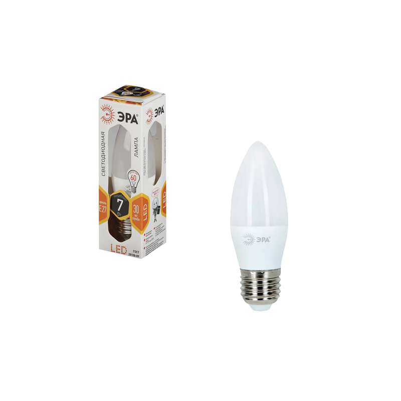 Лампа светодиодная ЭРА 7 (60) Вт, цоколь E27, "свеча", теплый белый свет, 30000 ч., LED smdB35-7w-827-E27