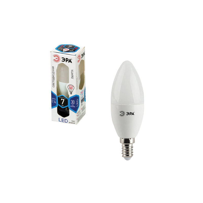 Лампа светодиодная ЭРА 7 (60) Вт, цоколь E14, "свеча", холодный белый свет, 30000 ч., LED smdB35-7w-840-E14