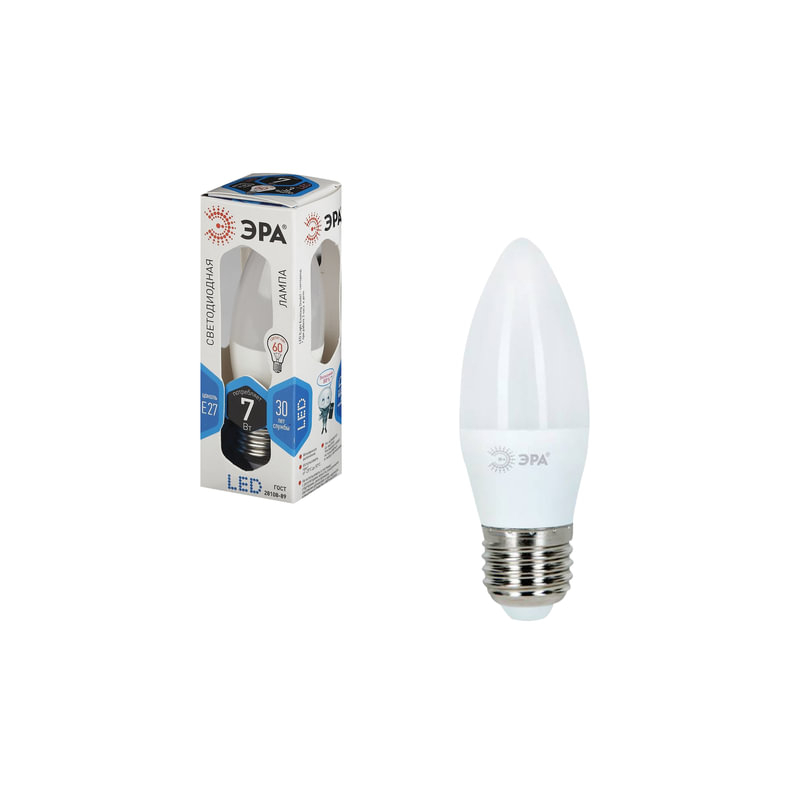 Лампа светодиодная ЭРА 7 (60) Вт, цоколь E27, "свеча", холодный белый свет, 30000 ч., LED smdB35-7w-840-E27