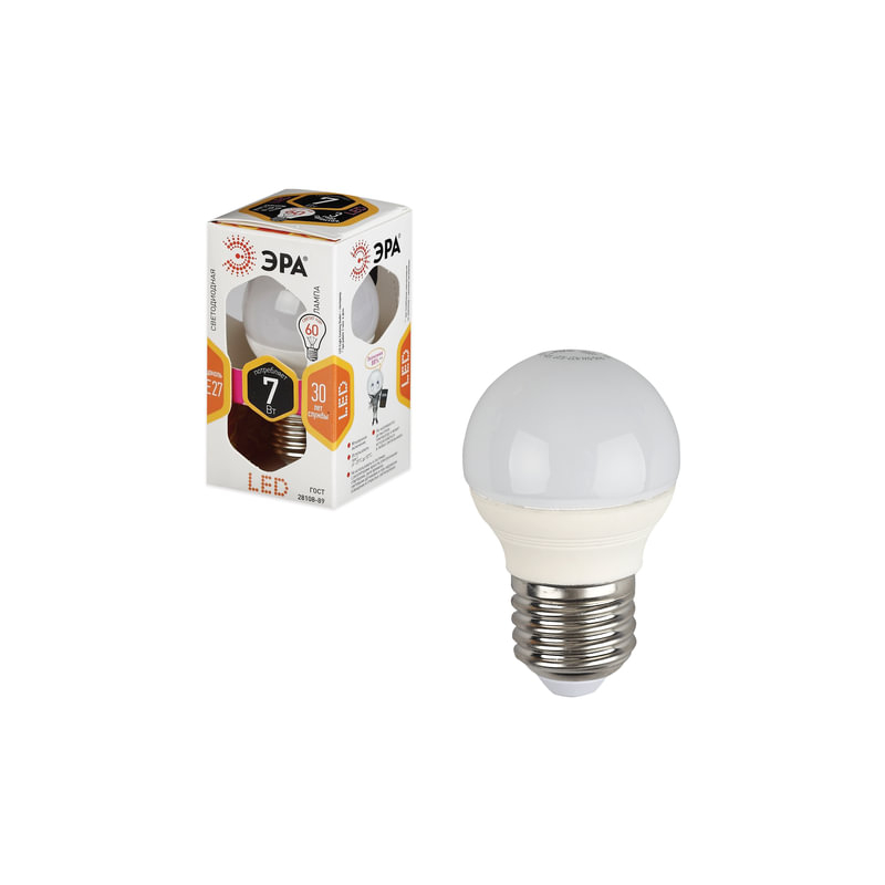 Лампа светодиодная ЭРА 7 (60) Вт, цоколь E27, шар, теплый белый свет, 30000 ч., LED smdP45-7w-827-E27
