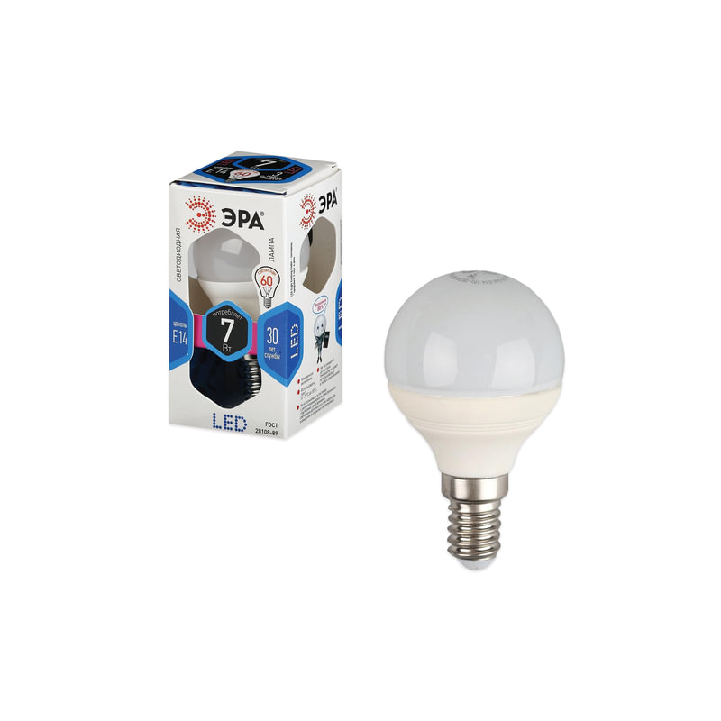 Лампа светодиодная ЭРА 7 (60) Вт, цоколь E14, шар, холодный белый свет, 30000 ч., LED smdP45-7w-840-E14