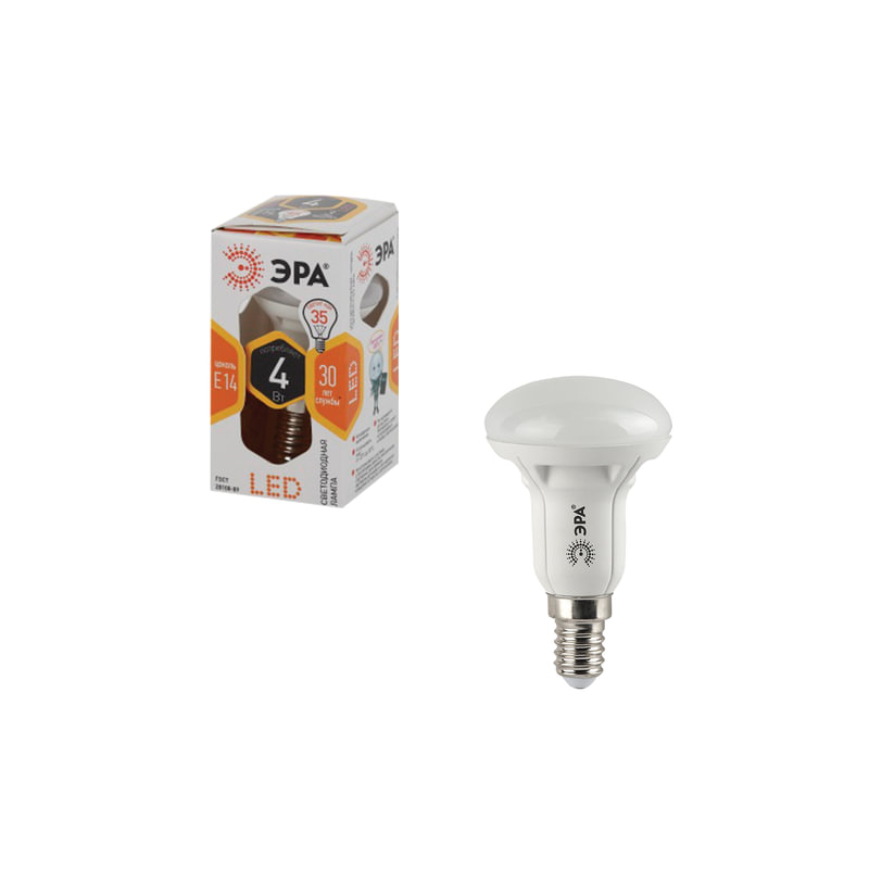 Лампа светодиодная ЭРА 4 (30) Вт, цоколь E14, рефлектор, теплый белый свет, 25000 ч., LED smdR39-4w-827-E14ECO