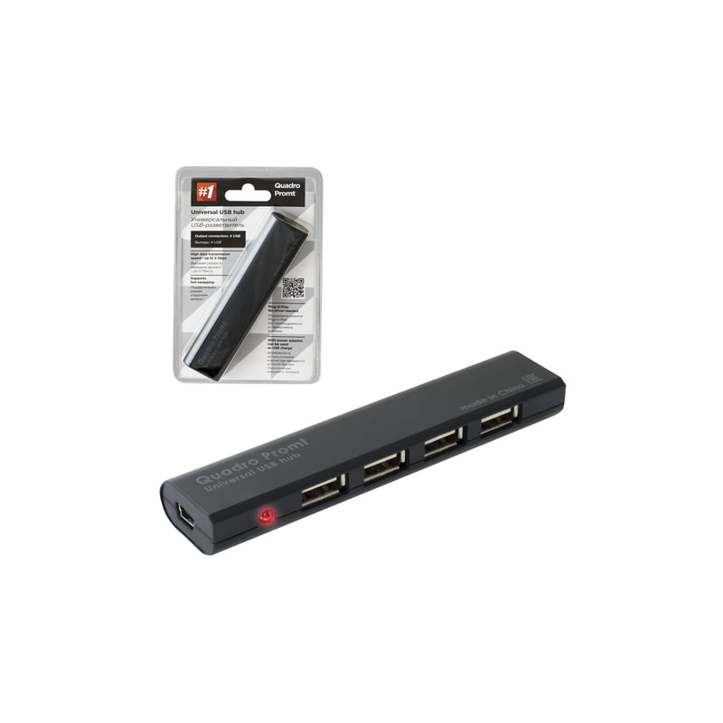 Хаб Defender Quadro Promt, USB 2.0, 4 порта, порт для питания, черный, 83200