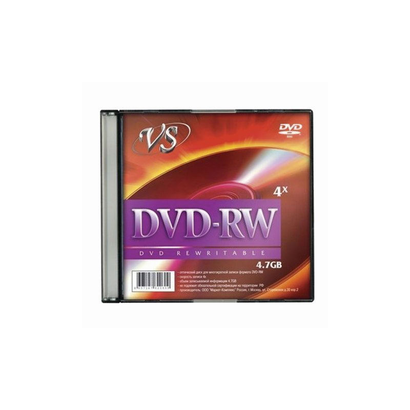 Диск DVD-RW, VS 4,7 Gb, 4 x Slim Case, 1 штука,
