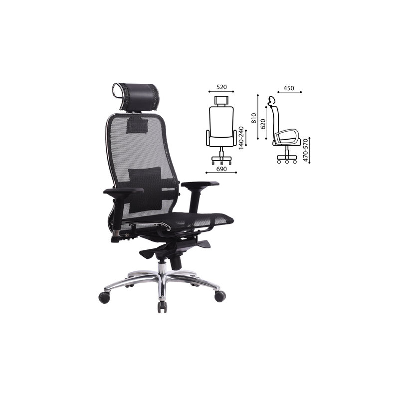 Кресло офисное МЕТТА "SAMURAI" S-3, с подголовником, сверхпрочная ткань-сетка, черное