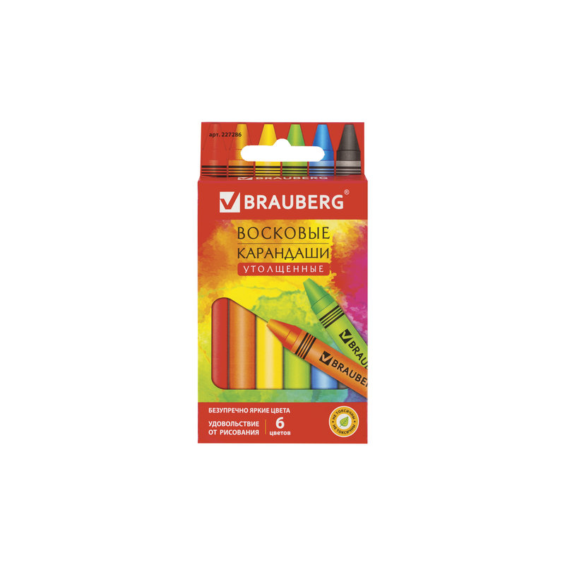 Восковые карандаши утолщенные BRAUBERG "АКАДЕМИЯ", НАБОР 6 цветов, 227286