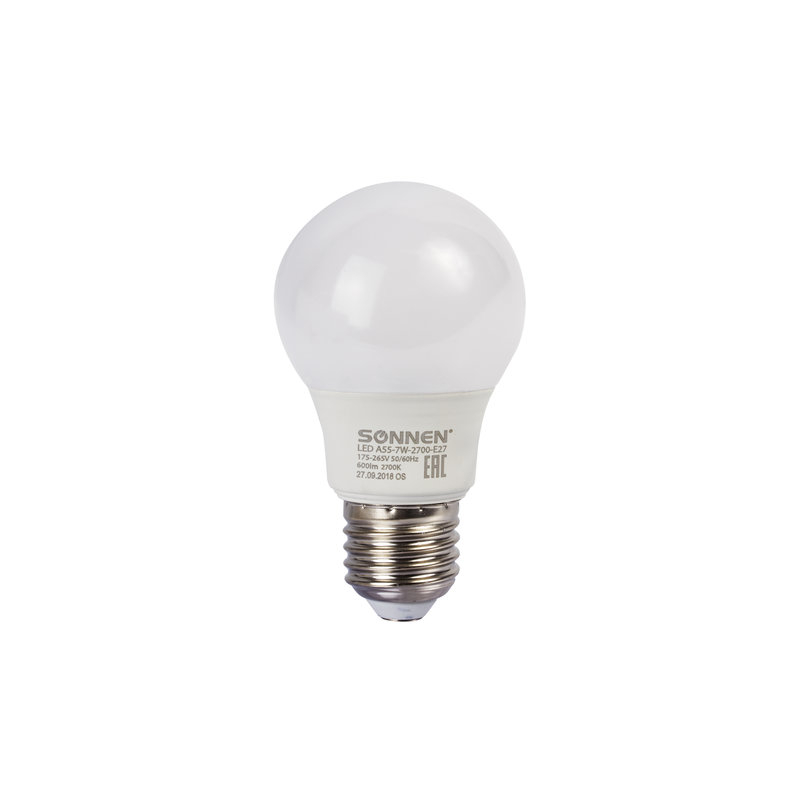 Лампа светодиодная SONNEN 7 (60) Вт, цоколь E27, грушевидная, теплый белый свет, LED A55-7W-2700-E27, 453693