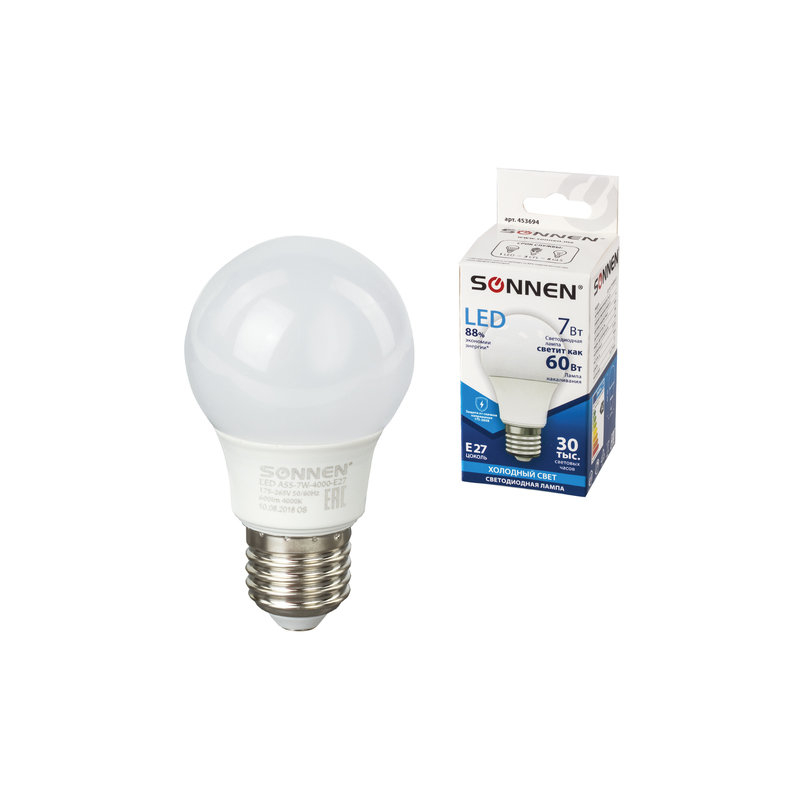 Лампа светодиодная SONNEN 7 (60) Вт, цоколь Е27, грушевидная, холодный белый свет, LED A55-7W-4000-E27, 453694