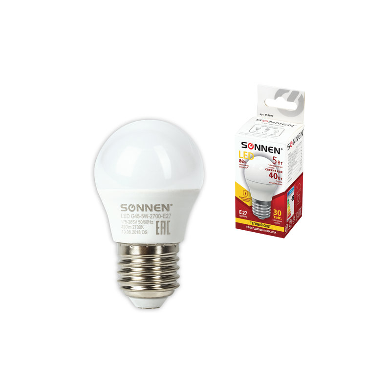 Лампа светодиодная SONNEN 5 (40) Вт, цоколь E27, шар, теплый белый свет, LED G45-5W-2700-E27, 453699