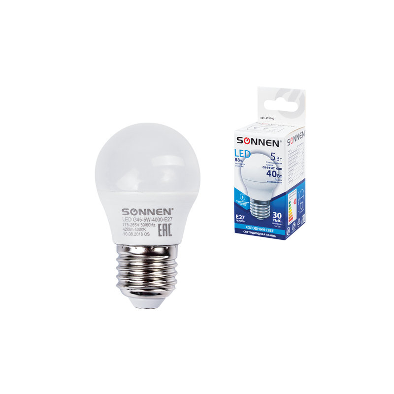 Лампа светодиодная SONNEN 5 (40) Вт, цоколь E27, шар, холодный белый свет, LED G45-5W-4000-E27, 453700