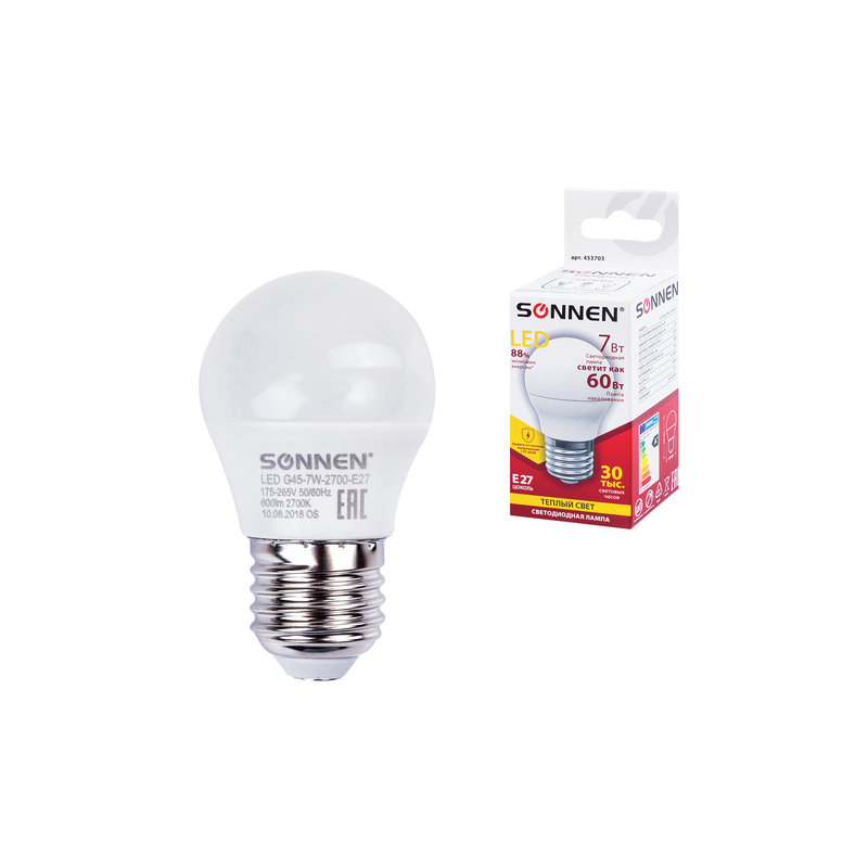 Лампа светодиодная SONNEN 7 (60) Вт, цоколь E27, шар, теплый белый свет, LED G45-7W-2700-E27, 453703