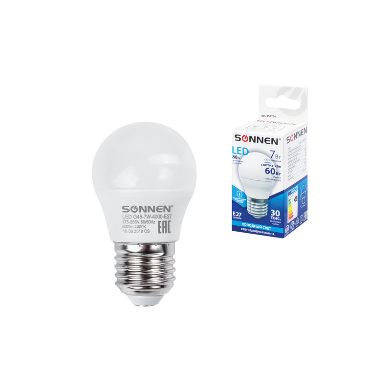 Лампа светодиодная SONNEN 7 (60) Вт, цоколь E27, шар, холодный белый свет, LED G45-7W-4000-E27, 453704