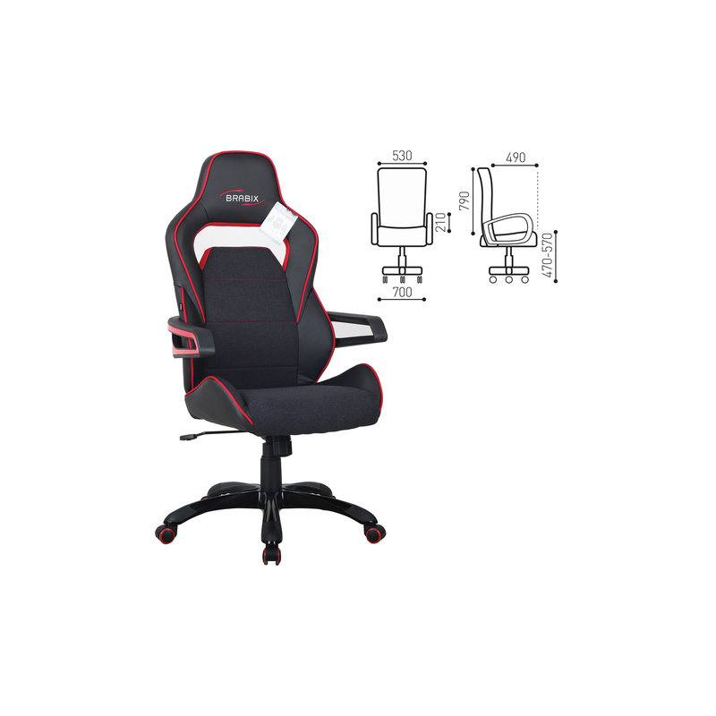 Кресло компьютерное BRABIX "Nitro GM-001", ткань, экокожа, черное, вставки красные