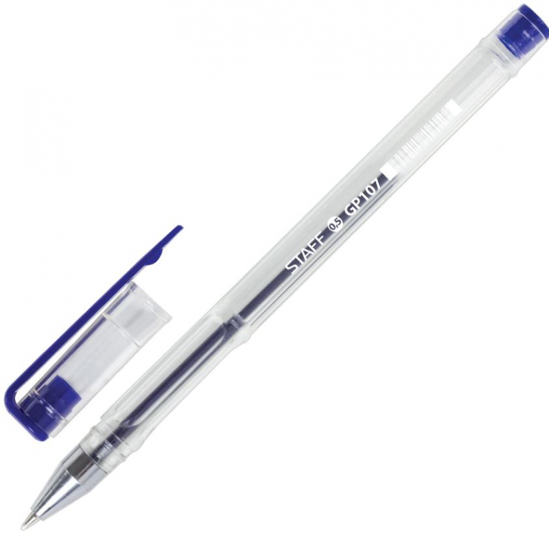 Ручка гелевая STAFF СИНЯЯ, корпус прозрачный, хромированные детали, узел 0,5 мм, линия письма 0,35 мм, GP107