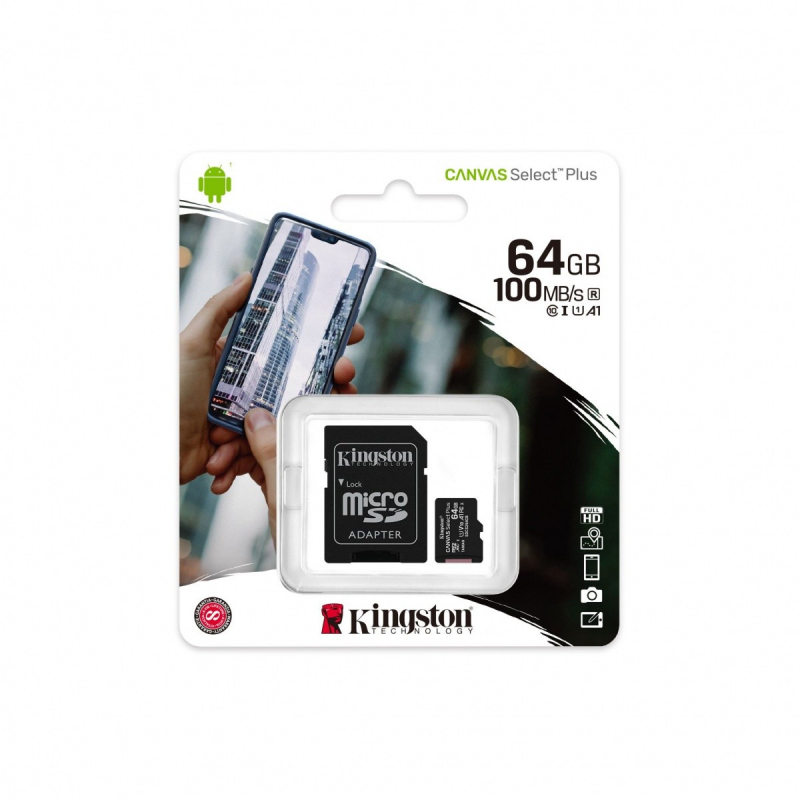 MicroSDXC Kingston  64Gb  SDCS2/64GB Class10 UHS-I U1 CanvSelect Plus (SD адаптер) 100MB/s